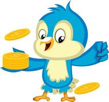 Blue bird is holding a pile of nickels, illustration, vector on white background.