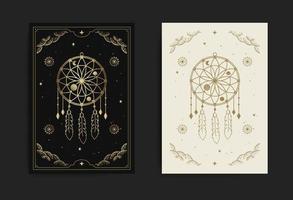 A dream catcher card with engraving, esoteric, boho, spiritual, geometric, astrology, magic themes, for tarot reader card Premium Vector