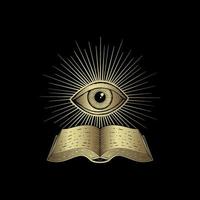 Ancient book and eye, one eye or third eye with engraving, luxury theme for tarot reader, card and poster vector