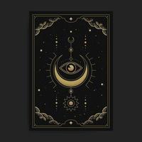 A crescent moon with the inner eye or one eye, card illustration with esoteric, boho, spiritual, geometric, astrology, magic themes, for tarot reader card or posters vector