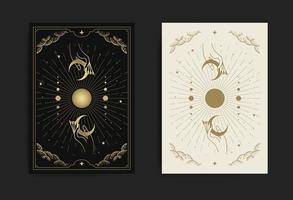 Magical hand and crescent moon card, with engraving, luxury, esoteric, boho, spiritual, geometric, astrology, magic themes, for tarot reader card. Premium Vector