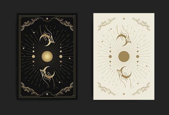Magical hand and crescent moon card, with engraving, luxury, esoteric, boho, spiritual, geometric, astrology, magic themes, for tarot reader card. Premium Vector