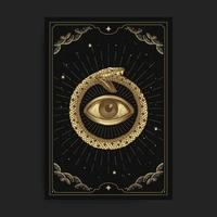 círculo de serpientes con ojos dentro de la carta del tarot con grabado, estilo lujoso y fondo decorado con cielo estrellado y nubes para lectores de tarot, cartas y afiches vector