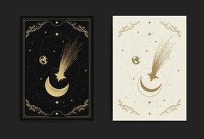 Crescent moon with shooting star card, with engraving luxury vector illustration style