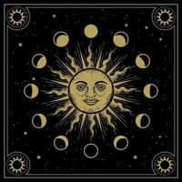 Sun face with moon orbits phases in line art, engraving, luxury theme for tarot reader, card and poster vector