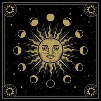 cara de sol con fases de órbitas lunares en arte lineal, grabado, tema de lujo para lector de tarot, tarjeta y afiche vector