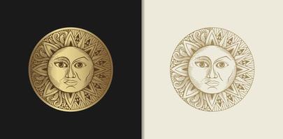 Sun and moon which has two faces with engraving, luxury style for tarot reader, card, tattoo and poster vector