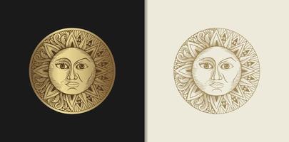 Sun and moon which has two faces with engraving, luxury style for tarot reader, card, tattoo and poster vector