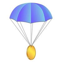 Airdrop concept parachute with coin isolated on white. Blank gold coin with place for logo or symbol. Vector illustration.