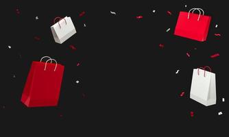 Shopping bags red and white with sparkle flying in black studio background. Black fridays discounts. 3d rendering. photo