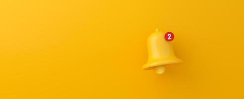 Notification bell on yellow background. 3d rendering. photo