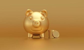 Golden pig bank and Stack of gold coins on golden background. rich concept. photo