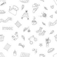 Seamless Pattern With Hygge Elements. Cozy Things, Warm Clothes, Hot Drinks And More. Outline Vector Illustration.