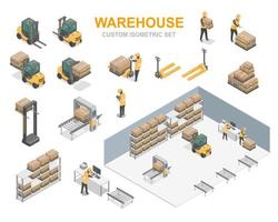 warehouse isometric set management iot system for factory shipment  forklift worker and goods vector for custom