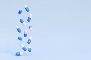 3D falling pills capsules on a blue background. Antibiotic, vitamin drugs. Vector illustration