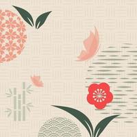 marco de flores. patrón japonés. celebración floral en estilo gráfico chino. tarjeta de invitación con símbolos geométricos. fondo asiático. estilo retro. vector