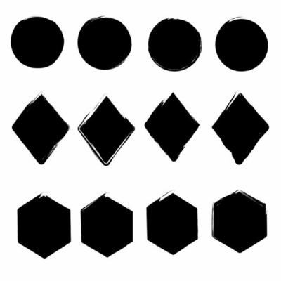 Grunge shapes of circles, rhombuses and hexagons. Black figures with ragged black edges. Grunge brush. Design elements