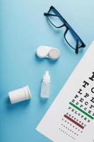 Vision checks and prevention, glasses, lenses and drops for vision correction on a blue background photo