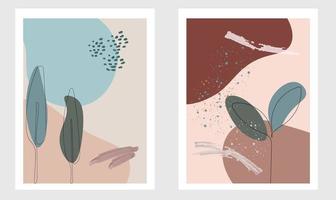 the group of two boho abstract illustrations with leaves in pastel colors vector