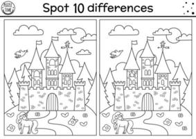 Black and white find differences game for children. Fairytale educational activity with castle and unicorn. Magic kingdom puzzle for kids. Fairy tale printable worksheet or coloring page vector