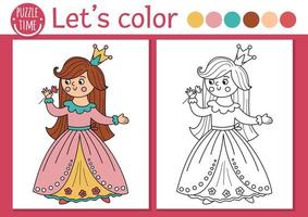 Magic kingdom coloring page for children with princess. Vector fairytale outline illustration with cute fantasy girl. Color book for kids with colored example. Drawing skills printable worksheet