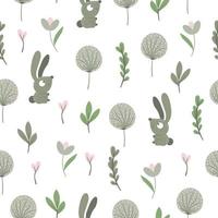 Vector seamless pattern of hand drawn flat funny baby hare with stylized leaves and dandelions. Forest themed repeating background for children design. Cute animalistic backdrop