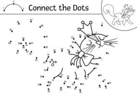 Vector dot-to-dot and color activity with cute cat in crown. Magic kingdom connect the dots game for children with fantasy kitten. Fairy tale coloring page for kids. Printable worksheet with pet