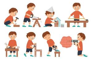 Vector set of boys doing carpenter, building or wood work. Flat funny kid character sawing, measuring, drilling a wall, screwing, working with plane, painting a nestling box. Craft lesson illustration