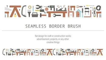 Vector tools seamless border brush. Flat colored illustration with building, carpenter equipment for card, poster or flyer design. Woodwork, repair service or craft workshop repeating background