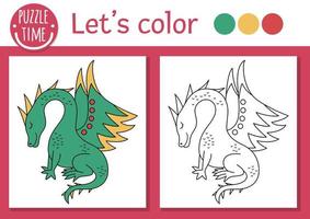 Magic kingdom coloring page for children with dragon. Vector fairytale outline illustration with cute fantasy creature. Color book for kids with colored example. Drawing skills printable worksheet