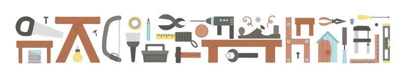 conjunto de herramientas horizontales vectoriales. ilustración de color plano con construcción, equipo de carpintero para el diseño de tarjetas, carteles o volantes. carpintería, servicio de reparación o concepto de taller artesanal vector