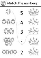 Match the numbers game with crown, gem stones. Black and white fairytale math activity for preschool children. Magic kingdom educational printable counting worksheet or coloring page vector
