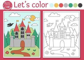 Magic kingdom coloring page for children with castle and forest landscape. Vector fairytale outline illustration. Color book for kids with colored example. Drawing skills printable worksheet