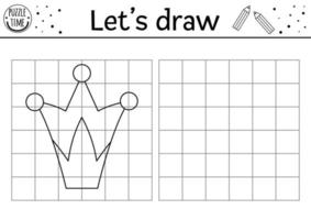 Complete the crown picture. Vector fairytale drawing practice worksheet. Printable black and white activity for preschool kids. Copy the picture magic kingdom themed game