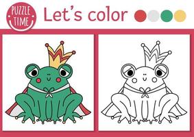 Magic kingdom coloring page for children with frog prince. Vector fairytale outline illustration with cute fantasy creature. Color book for kids with colored example. Drawing skill printable worksheet