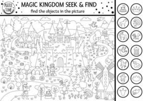 Vector black and white fairytale searching game with medieval castle landscape. Spot hidden objects in the picture. Simple fantasy seek and find magic kingdom printable activity or coloring page