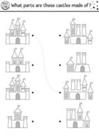 Black and white find differences, logical and matching game for kids. Fairytale educational activity with castles. Find parts printable worksheet. Magic kingdom puzzle or coloring page vector