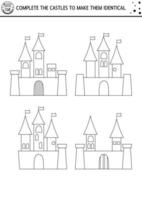 Black and white find differences, logical and drawing game for kids. Fairytale educational activity with castles. Complete picture printable worksheet. Magic kingdom puzzle or coloring page vector