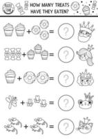 How many treats game with cute fairytale characters, donuts, sweets. Black and white magic kingdom math addition activity for preschool kids. Printable simple counting worksheet or coloring page vector