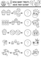 How many treats game with cute fairytale characters, donuts, sweets. Black and white magic kingdom math addition activity for preschool kids. Printable simple counting worksheet or coloring page vector