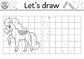 Complete the horse picture. Vector fairytale drawing practice worksheet. Printable black and white activity for preschool kids. Copy the picture magic kingdom themed game