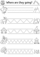 Vector magic kingdom handwriting practice worksheet. Fairytale printable black and white activity for pre-school children. Fantasy tracing game for writing skills with unicorn, castle, princess