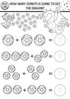 How many donuts game with cute fairytale creatures. Black and white magic kingdom math addition activity for preschool kids. Printable simple counting worksheet or coloring page with dragon vector