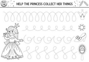 Vector magic kingdom handwriting practice worksheet. Fairytale printable black and white activity for preschool children. Fantasy tracing game for writing skills with cute princess, shoe, crown