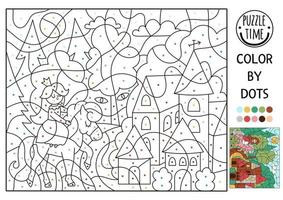Vector Magic kingdom color by dot activity with princess on a horse. Fairytale counting game with cute forest landscape and house. Funny coloring page for kids with fantasy scene.