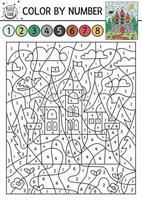 Vector Magic kingdom color by number activity with castle. Fairytale counting game with cute fantasy forest landscape and king house. Funny coloring page for kids with palace and dragon.