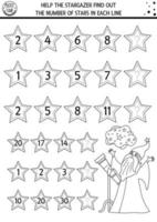 ayuda al observador de estrellas a encontrar el número de estrellas. blanco y negro continúa el juego de fila con números y un lindo personaje de cuento de hadas. Actividad matemática lógica del reino mágico o página para colorear para niños vector