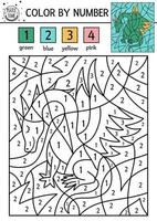 Vector Magic kingdom color by number activity with green dragon. Fairytale counting game with cute dinosaur. Funny coloring page for kids with fantasy creature.