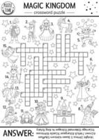 Vector fairytale black and white crossword puzzle for kids. Simple line magic kingdom quiz with fantasy creatures. Educational activity with knight, castle, princess, unicorn. Cross word coloring page