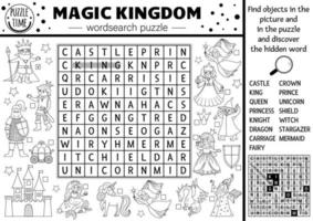 Vector black and white fairytale wordsearch puzzle for kids. Simple magic kingdom crossword with fantasy creatures. Coloring page activity with castle, princess, unicorn. Fairy tale cross word